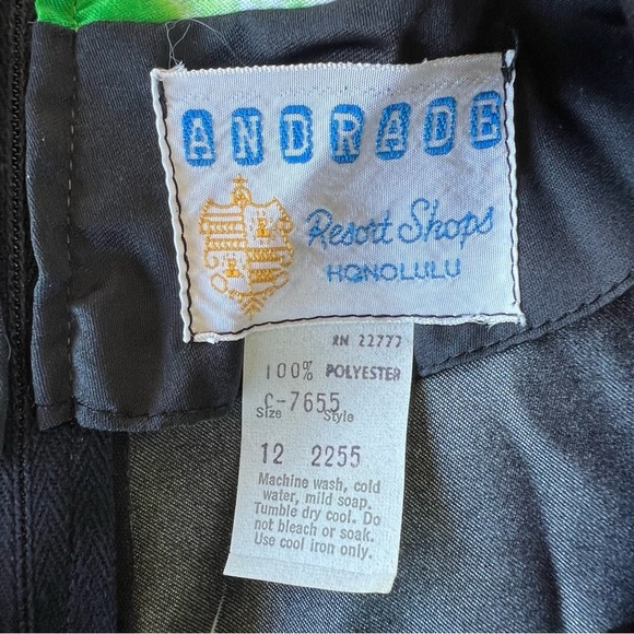 VTG Andrade Honolulu Polynesian Kimono Style Caftan Black Green Floral Size 12 - Picture 12 of 13